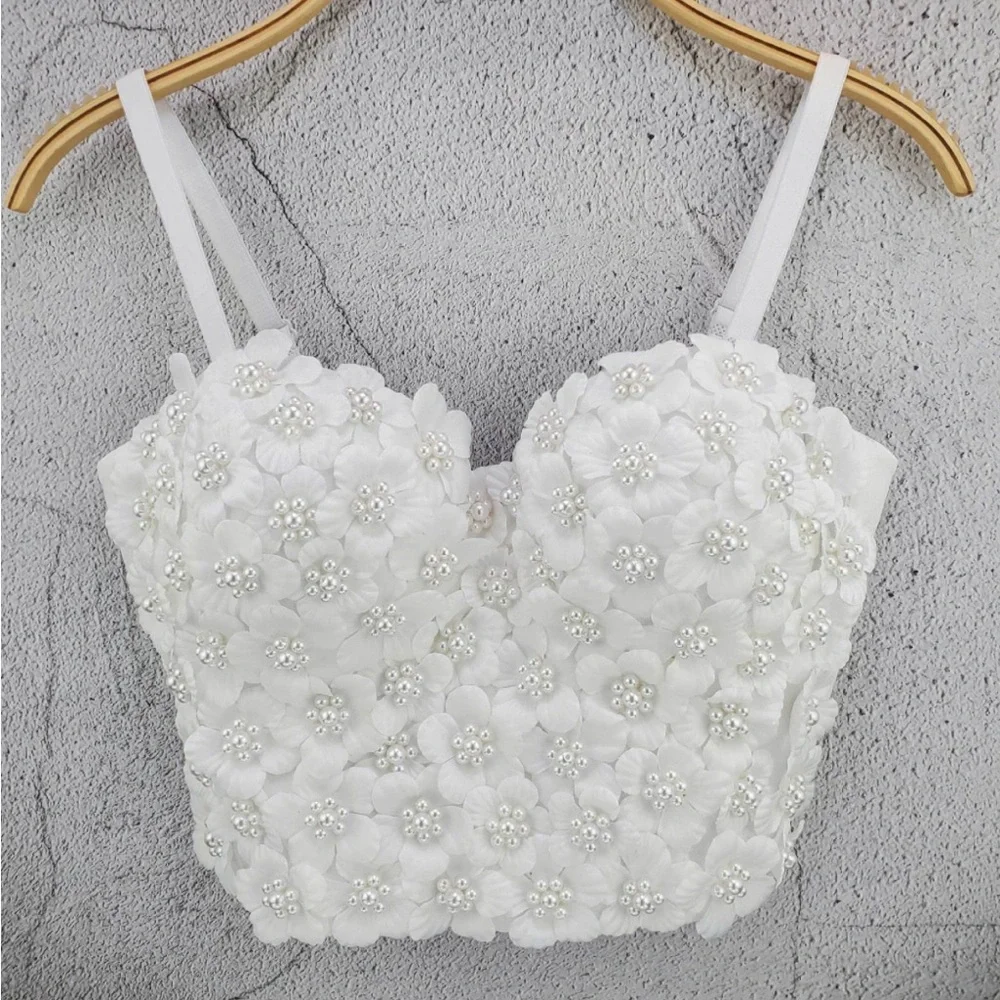 Floral 3D Embellished Pearls White Corset Bustier Sz Small 36B Crop Top - Picture 1 of 8